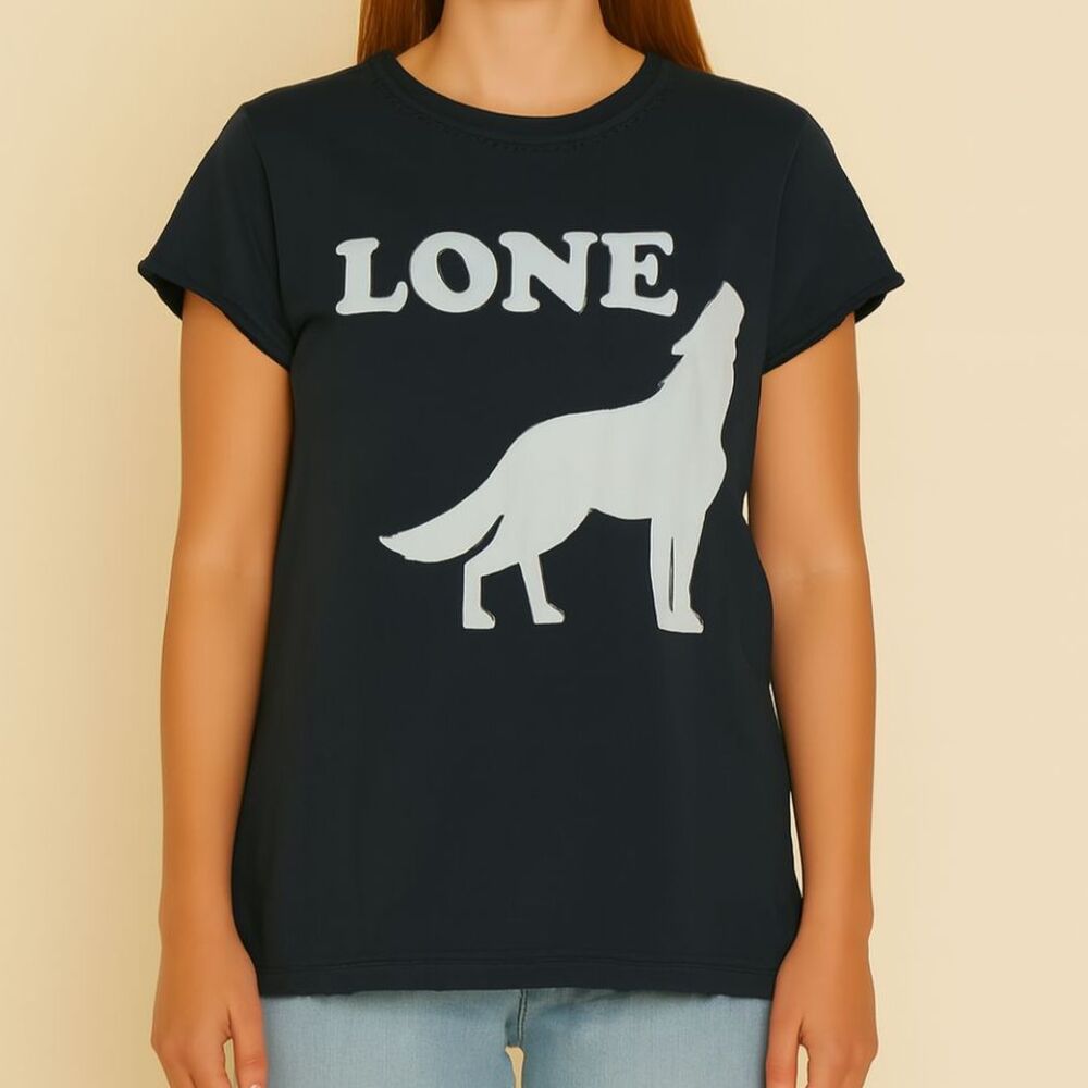 NWOT Recycled Karma “LONE” Howling Wolf Graphic Tee in Black Short Cuff Sleeve S